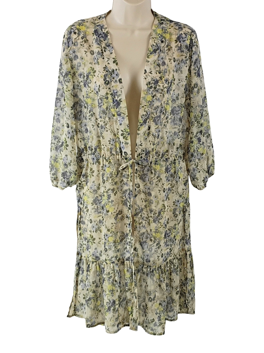 Maurices Floral Tie-Waist Lightweight Duster - Cream, Yellow, Blue